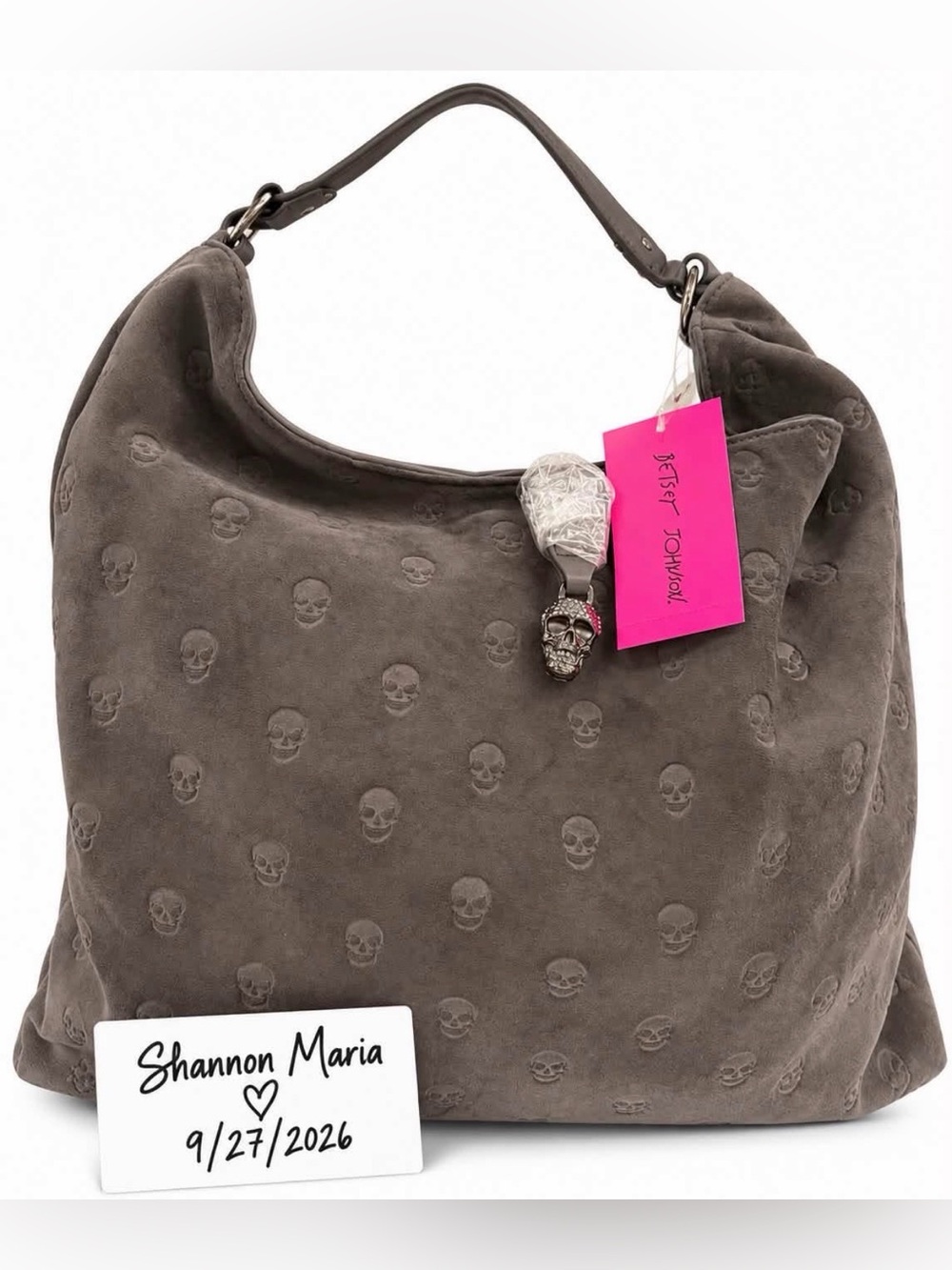 Betsey Johnson Gray Suede Skull-Embossed Hobo Shoulder Bag